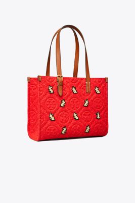 Tory Burch Small T Monogram Embroidered Rabbit Tote In Red