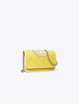 Tory Burch Fleming Soft Patent Border Chain Wallet In Vintage Lemon