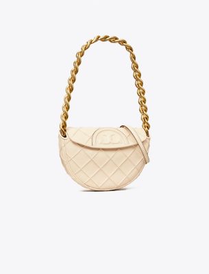 Tory Burch Mini Fleming Soft Crescent Bag In New Cream