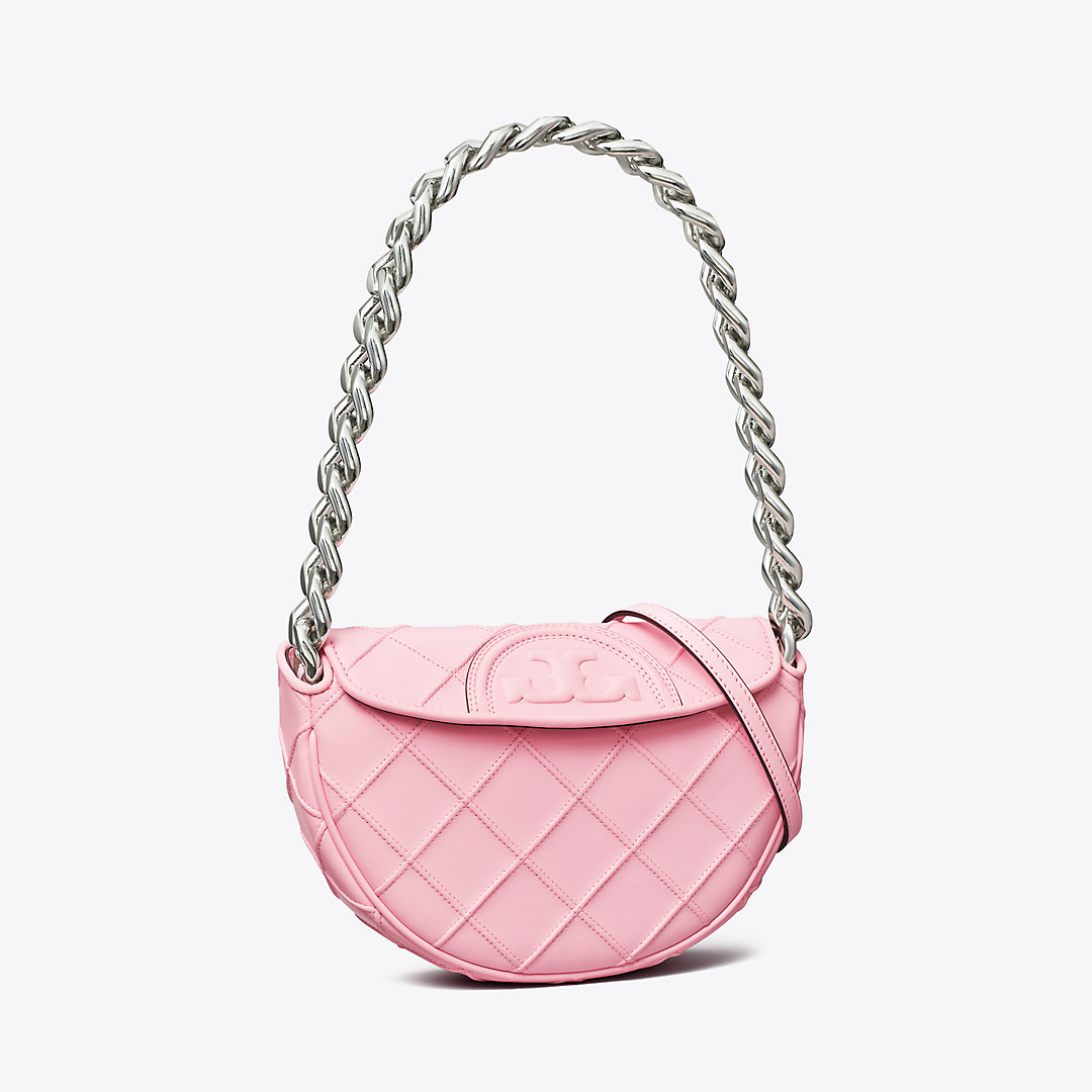 Tory Burch Mini Fleming Soft Crescent Bag In Pink Plie