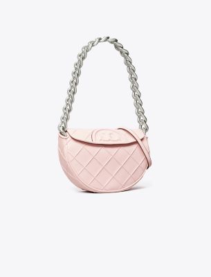 Shop Tory Burch Mini Fleming Soft Crescent Bag In Cotton Candy