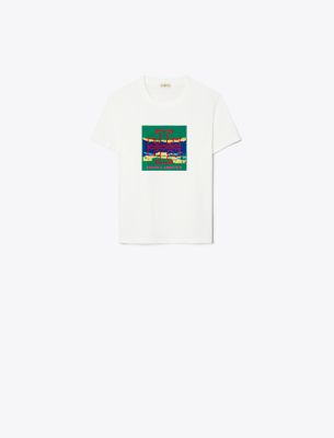 Tory Sport Tory Burch Foundation Summit T-shirt In Snow White/teal Sea |  ModeSens