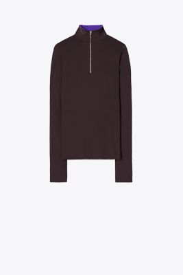 Tory Burch Zip Front Long-sleeve Jersey Top In Dark Carob