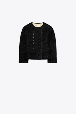 Tory Burch Quilted Double-breasted Velvet Jacket In Black