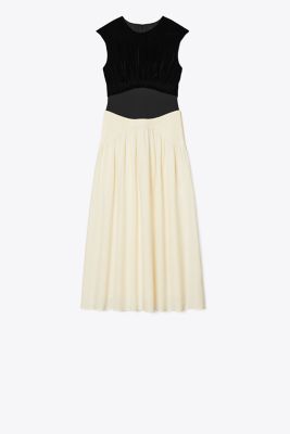 Tory Burch Colorblock Pleated Dress In Biscuit