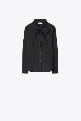 Shop Tory Burch Scalloped Poplin Bow Blouse In Black