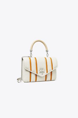 Tory Burch Kira Bombe Stripe Mini Top Handle Leather Crossbody Bag In Blanc/orange Citrine
