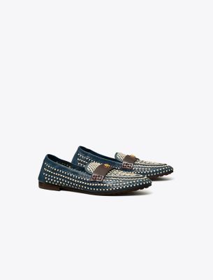 Tory Burch Woven Leather Mini Medallion Loafers In Night Voyage/plum/new Cream