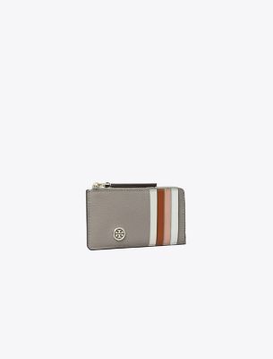 Tory Burch Robinson Pebbled Top-zip Card Case In Gray Heron