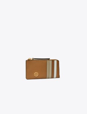 Tory Burch Robinson Pebbled Top-zip Card Case In Tiger's Eye