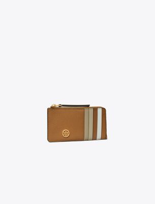 Tory Burch Robinson Pebbled Top-zip Card Case In Tiger's Eye