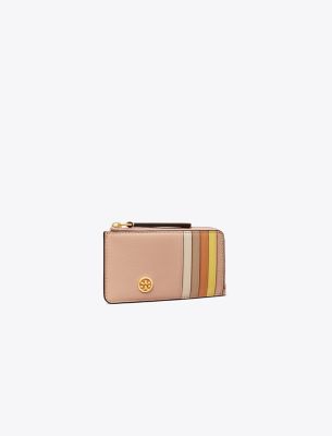 Tory Burch Robinson Pebbled Top-zip Card Case In Goan Sand