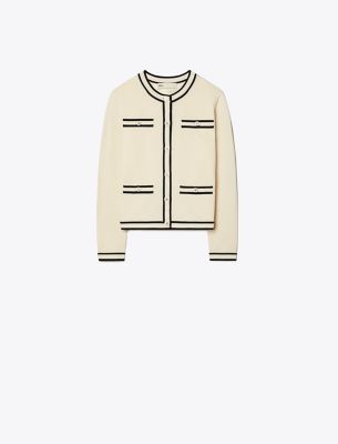 Tory Burch Contrasting Striped Wool Cardigan In French Cream/medium Navy