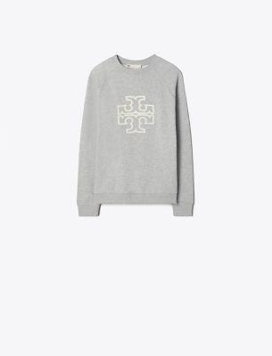Tory Burch Heavy French Terry Logo Crewneck In Gray