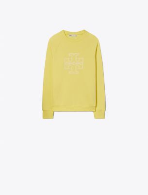 Tory Sport Tory Burch Heavy French Terry Logo Crewneck In Yellow Dahlia