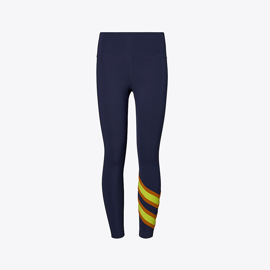 Tory Sport Tory Burch Sculpt Compression Striped 7/8 Legging In Tory Navy/bright Chartreuse