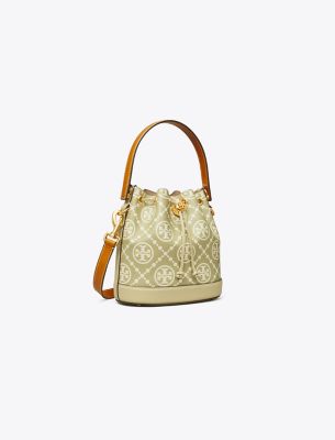 Tory Burch T Monogram Contrast Embossed Bucket Bag In Olive Sprig