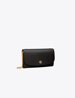 Tory Burch Robinson Pebbled Chain Wallet In Black