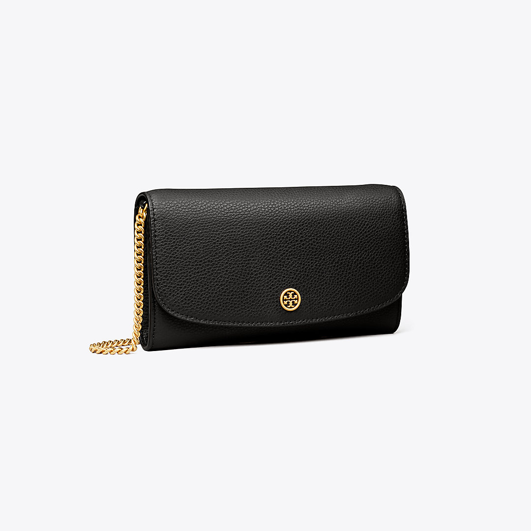 Tory Burch Robinson Pebbled Chain Wallet In Black