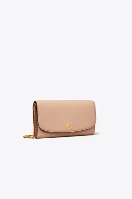 Tory Burch Robinson Pebbled Chain Wallet In Goan Sand