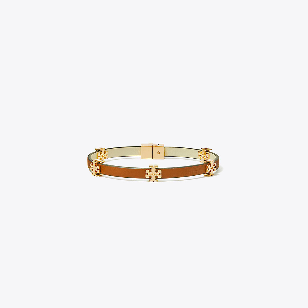 Shop Tory Burch Eleanor Leather Bracelet In Tory Gold/cuoio