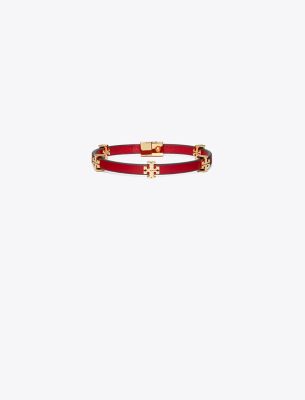 Tory Burch Eleanor Leather Bracelet In Tory Gold/red/purple