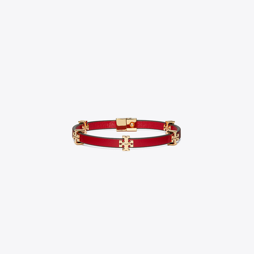 Tory Burch Eleanor Leather Bracelet In Tory Gold/red/purple