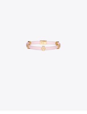 Tory Burch Eleanor Leather Bracelet In Tory Gold/pink Snow