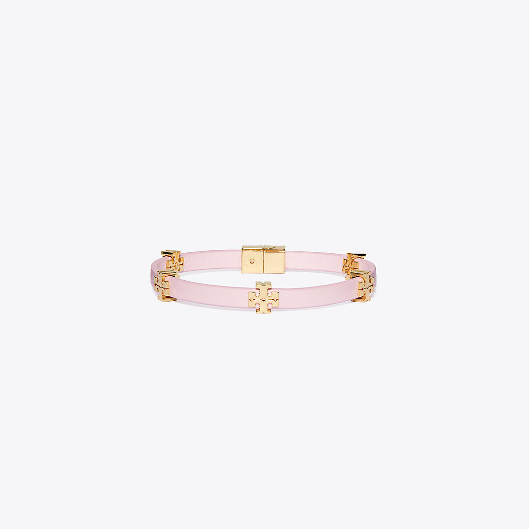 Tory Burch Eleanor Leather Bracelet In Tory Gold/pink Snow