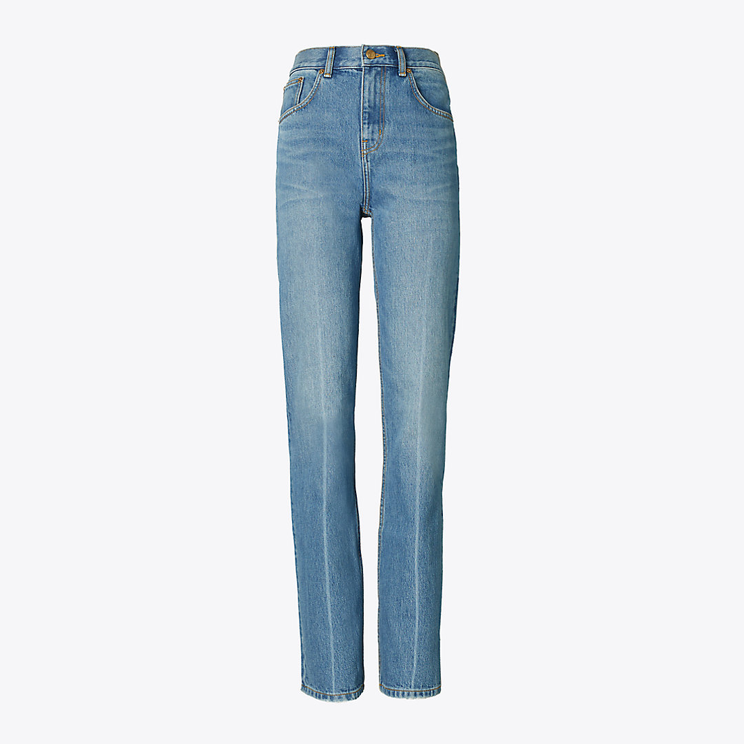 Shop Tory Burch Mid-rise Slim Straight Jean In Light Crease Wash