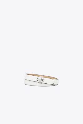Tory Burch Thin Logo Belt In Optic White/silver | ModeSens