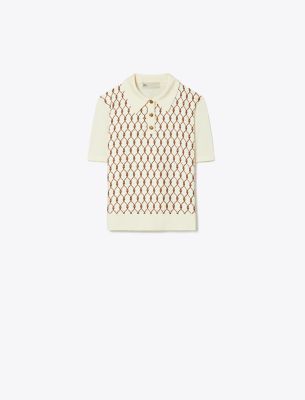 Tory Burch Silk-front Polo In New Ivory/brown Rope