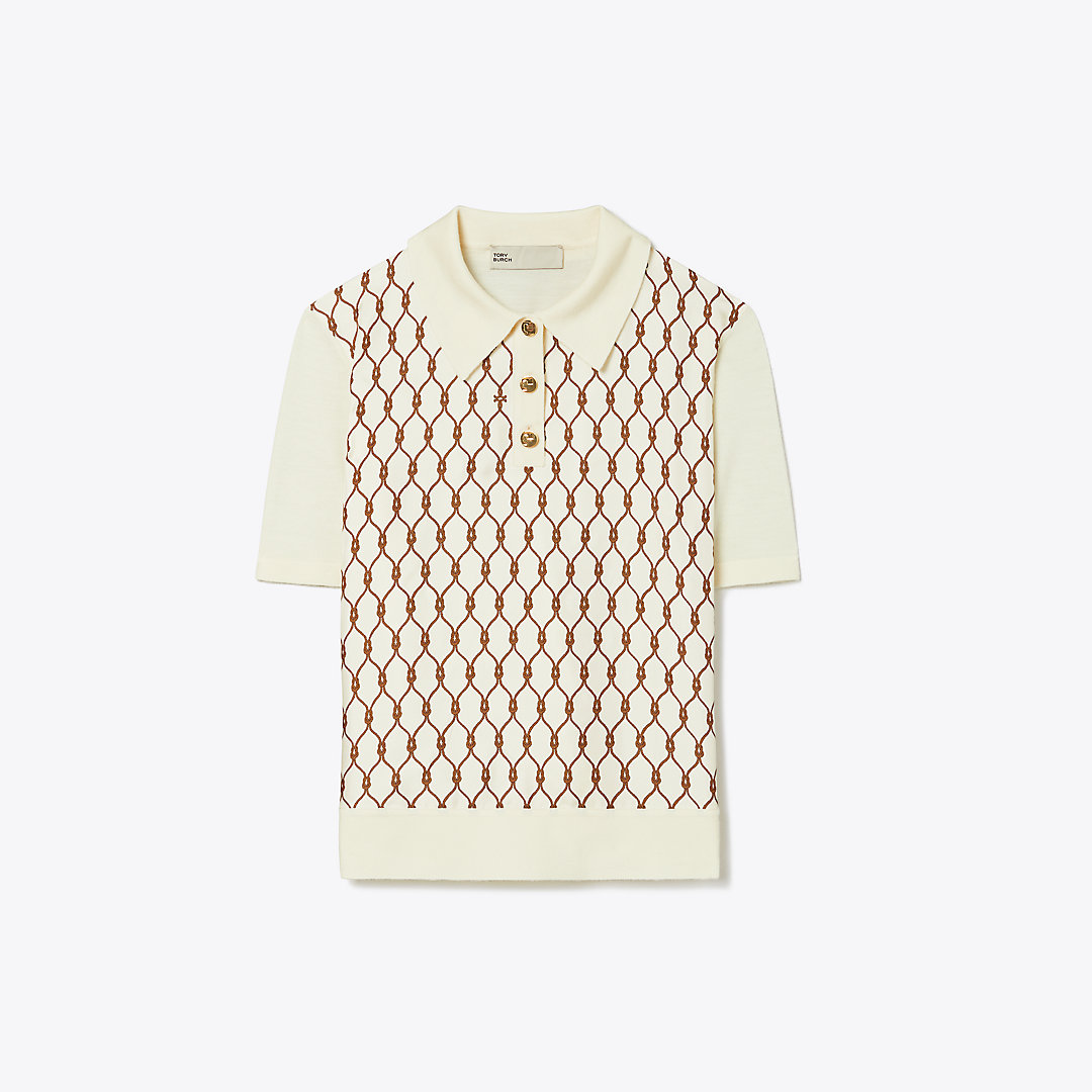 Shop Tory Burch Silk-front Polo In New Ivory/brown Rope
