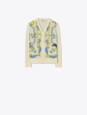 Tory Burch Carousel Printed Silk-front Cardigan In French Cream
