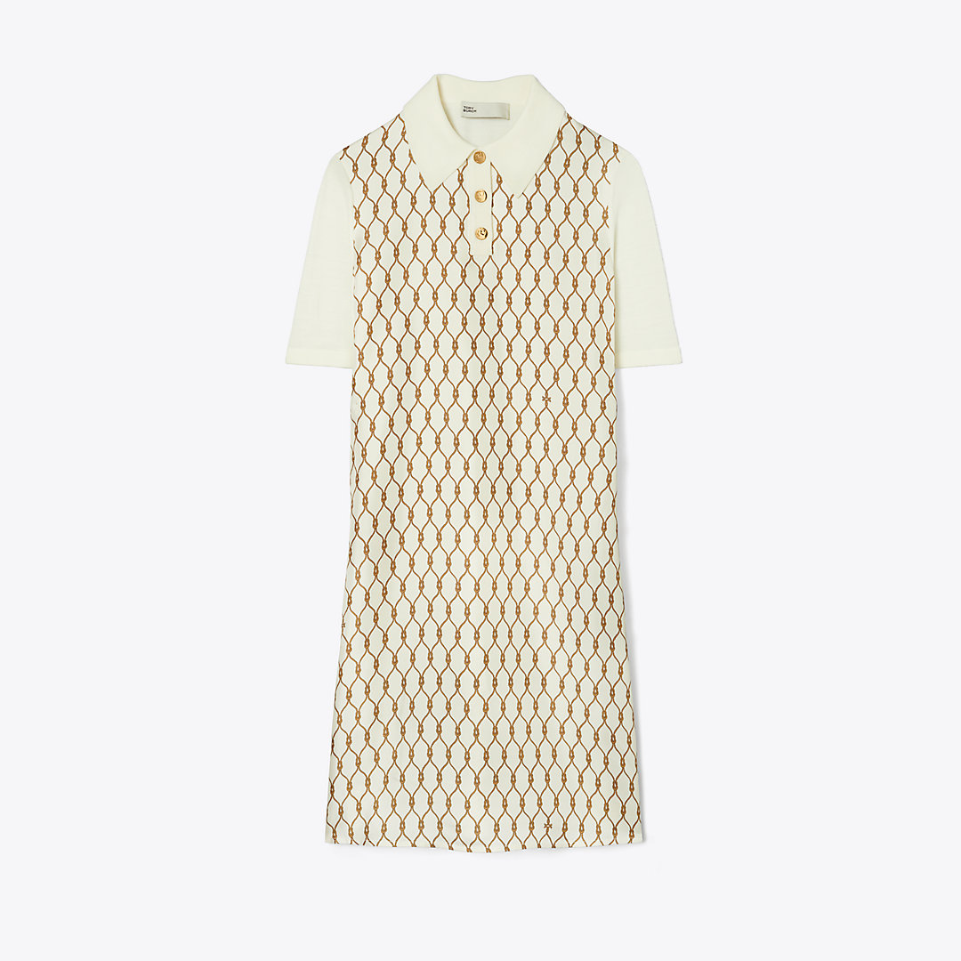 Shop Tory Burch Silk-front Polo Dress In New Ivory/brown Rope