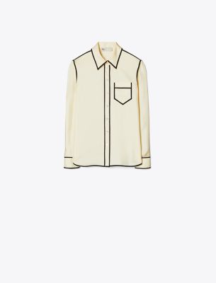 Tory Burch Brigitte Two-tone Button-down Silk Shirt In New Ivory
