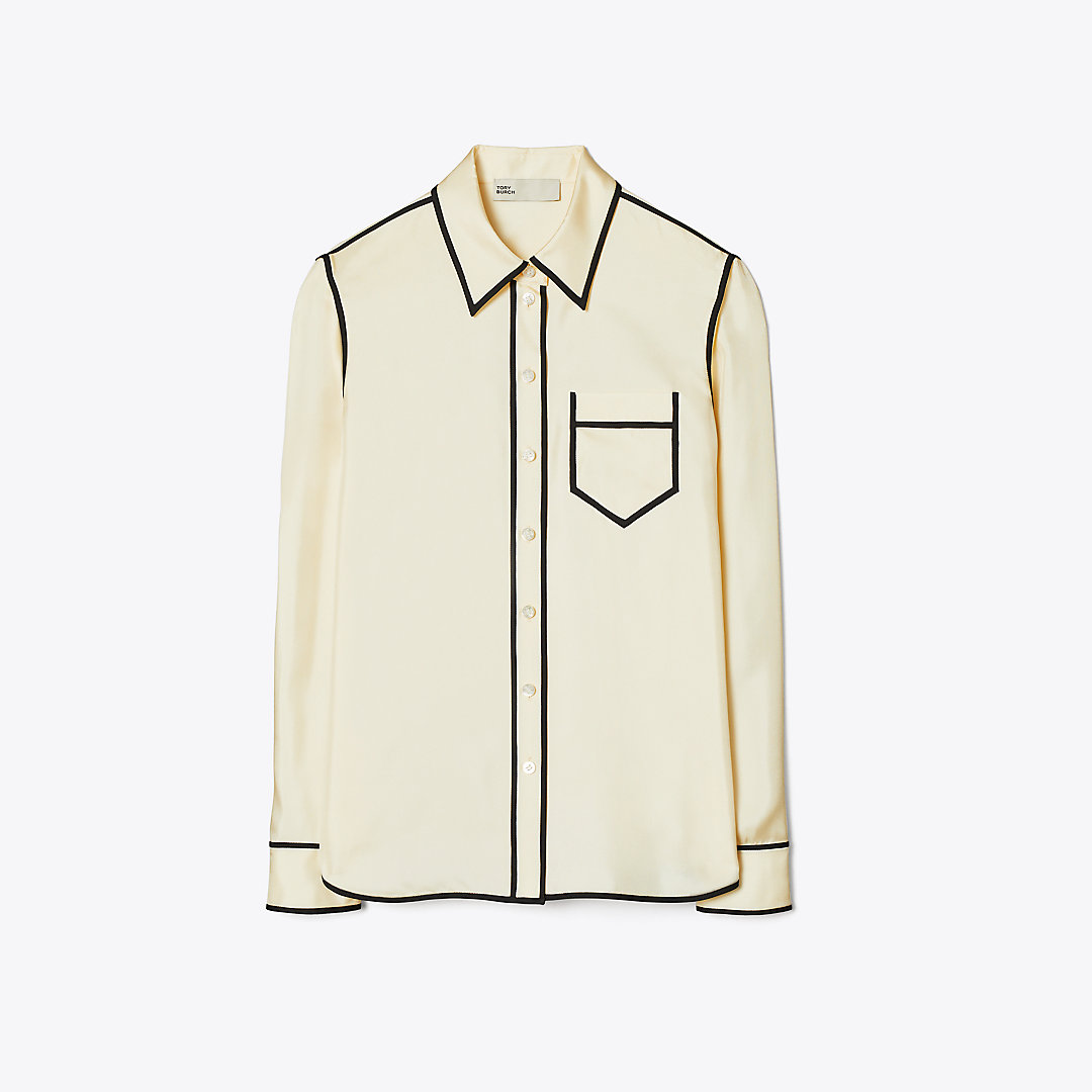Tory Burch Brigitte Two-tone Button-down Silk Shirt In New Ivory