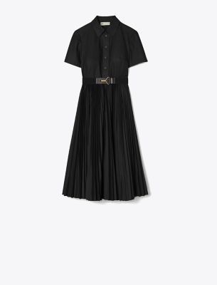 Shop Tory Burch Poplin Pleated Shirtdress In Black
