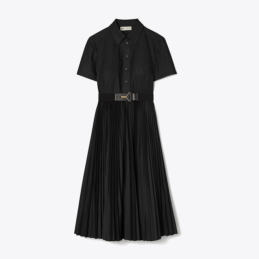 Shop Tory Burch Poplin Pleated Shirtdress In Black