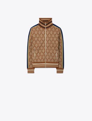 Tory Sport Tory Burch Tech Knit Jacquard Jacket In Brown Racquets