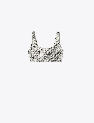 Tory Sport Tory Burch Printed Scoop-back Bra In New Ivory Distressed Pixelated Logo