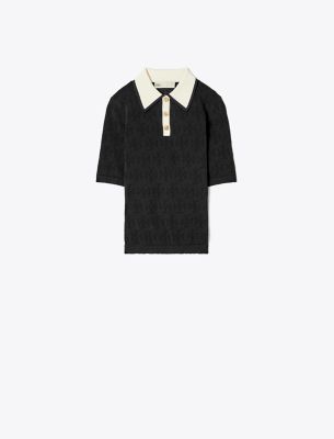 Tory Sport Tory Burch T Monogram Cotton Pointelle Polo In Black