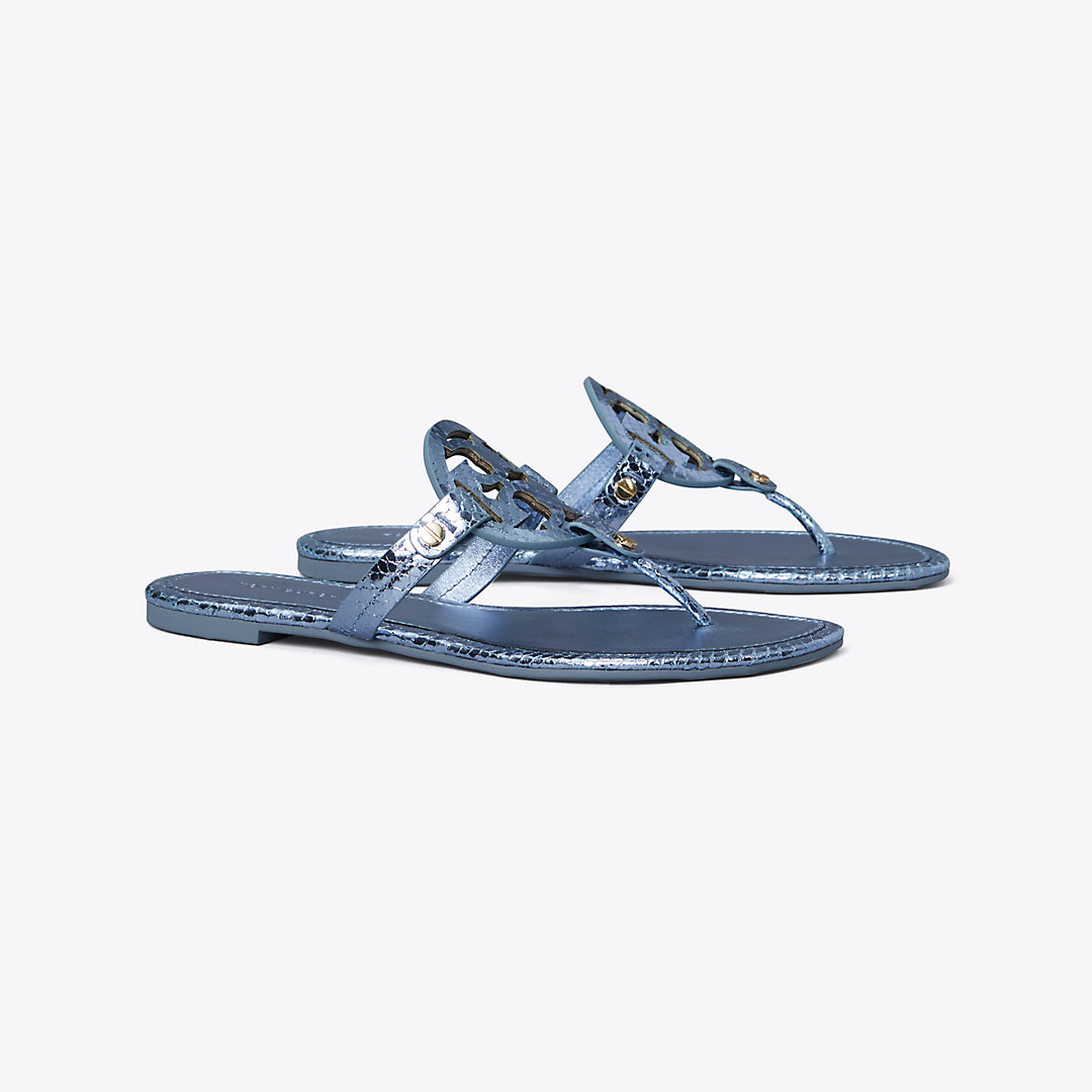 Shop Tory Burch Miller Metallic Snake-embossed Sandal In Laguna Blue