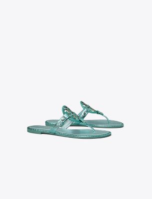 Tory Burch Miller Metallic Snake Embossed Leather Sandal In Laguna Green