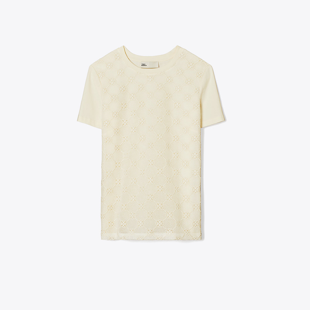 Tory Burch Logo Lace T-shirt In New Ivory