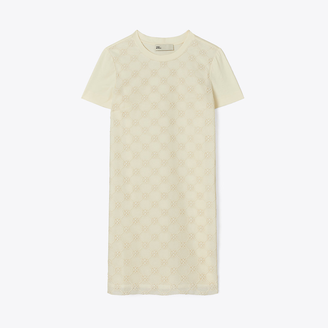 Tory Burch Short-sleeve Logo Lace T-shirt Dress In Ivory