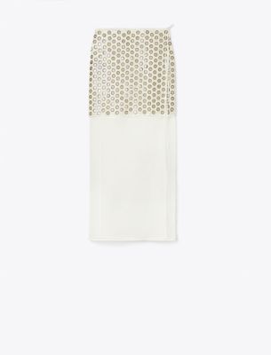 Tory Burch Mirror-embellished Double-layer Midi Skirt In Clear