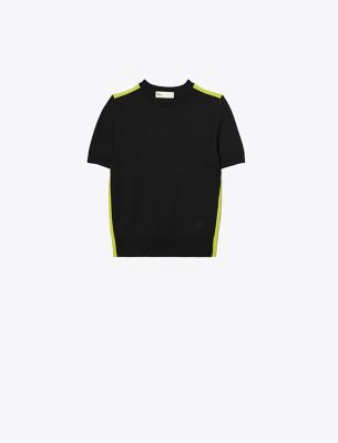Tory Sport Tory Burch Merino Double-stripe Short-sleeve Sweater In Sport Black