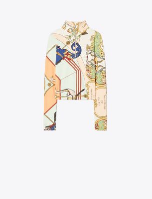 Tory Sport Tory Burch Printed Cropped Half-zip Long-sleeve Top In French Cream Carousel Scarf 25x25
