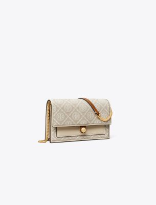 Tory Burch T Monogram Jacquard Chain Wallet In Ivory